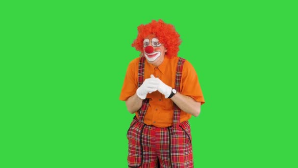 Funny clown coming up with hard decision on a Green Screen, Chroma Key. — Stock Video