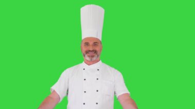 Profesyonel şef Yeşil Ekran, Chroma Key 'de kameraya hoş geldin jesti yapıyor..