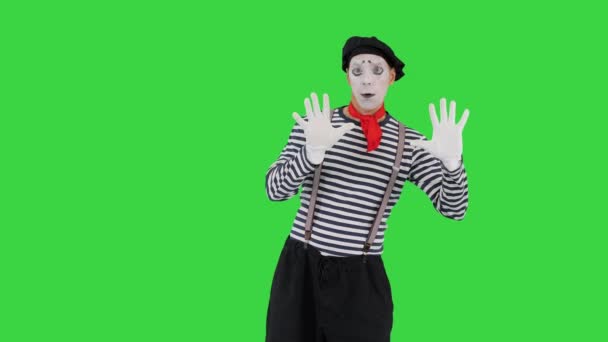 Mime pochyla się nad niewidzialną ścianą na zielonym ekranie, Chroma Key. — Wideo stockowe