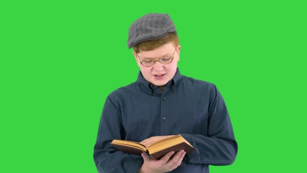 Elegante menino de pé e lendo um livro em uma tela verde, Chroma Key. — Vídeo de Stock