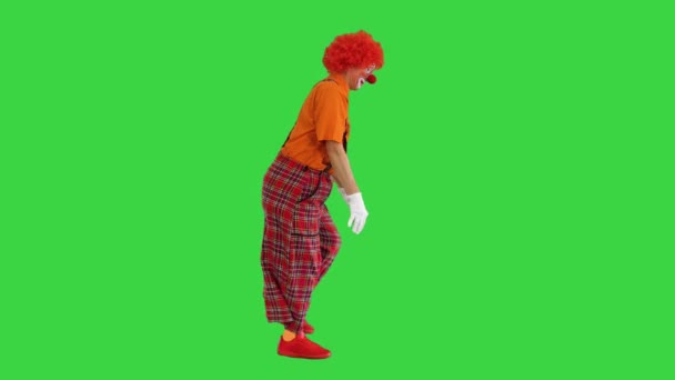 Дивний клоун ходить швидко і заставляє мене чекати на зелений екран, Chroma Key. — стокове відео