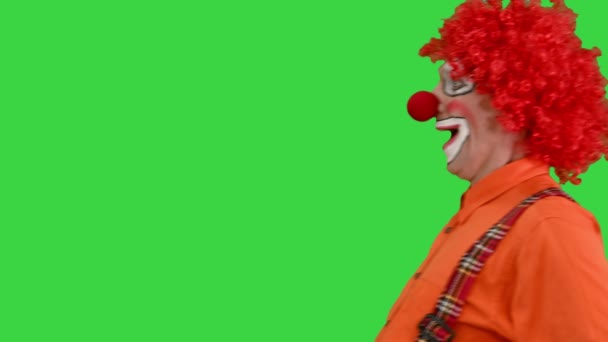Clown spaziert auf lustige Weise auf einem Green Screen, Chroma Key. — Stockvideo