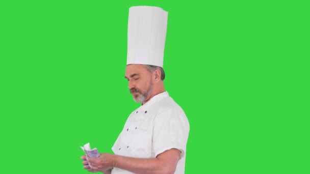 Senior cook in uniform counting money on a Green Screen, Chroma Key. — Stock Video