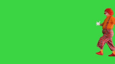 Palyaço içeri giriyor ve merhaba diyor elini yeşil ekranda kameraya sallıyor, Chroma Key.