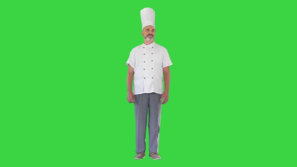 Ώριμος επαγγελματίας σεφ άνθρωπος στέκεται κοιτάζοντας προς τα πλάγια περιμένοντας σε μια πράσινη οθόνη, Chroma Key. — Αρχείο Βίντεο