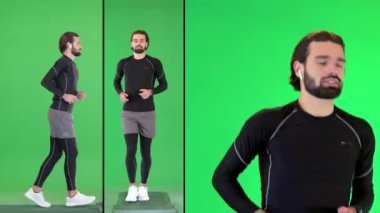 Çekici sporcu, yeşil ekranda koşarken kablosuz kulaklık takarak müzik dinliyor, Chroma Key.