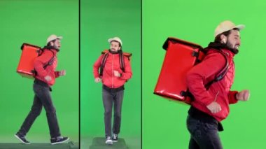 Yeşil ekranda çalışan termal sırt çantalı teslimatçı, Chroma Key..