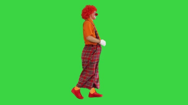 Payaso divertido caminando como si estuviera marchando en un desfile en una pantalla verde, Chroma Key. — Vídeo de stock