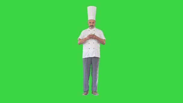 Εστιατόριο Επιχειρήσεων Ενθουσιασμένος Chef Man Κρατώντας τα χρήματα σε μια πράσινη οθόνη, Chroma κλειδί. — Αρχείο Βίντεο