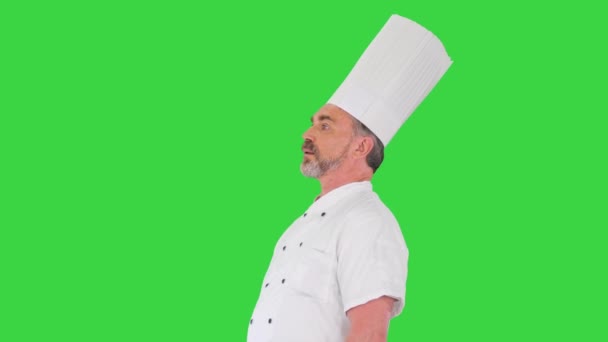 Senior chef primind oaspeții restaurantului său pe un ecran verde, Chroma Key . — Videoclip de stoc