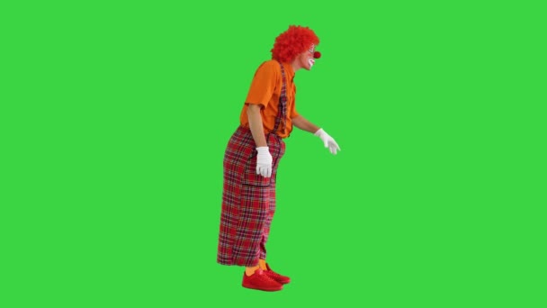 Acteur verkleed als een clown op zoek naar een manier om te handelen in een grappige manier op een groen scherm, Chroma Key. — Stockvideo