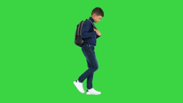Ragazzo allegro in polo collo a piedi con uno zaino su uno schermo verde, Chroma Key. — Video Stock