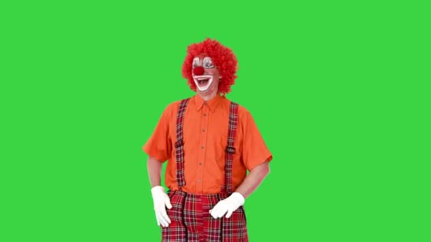 Clown in a red wig walking and greeting everyone on a Green Screen, Chroma Key. — Stock Video