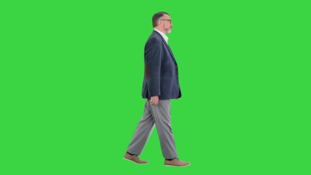 Kıdemli iş adamı yeşil ekranda yürüyor, Chroma Key.. — Stok video