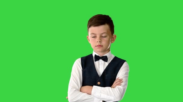 Jonge jongen met strikje en vest met gekruiste armen knikt zijn hoofd terwijl hij naar de camera kijkt en iets zegt op een groen scherm, Chroma Key. — Stockvideo