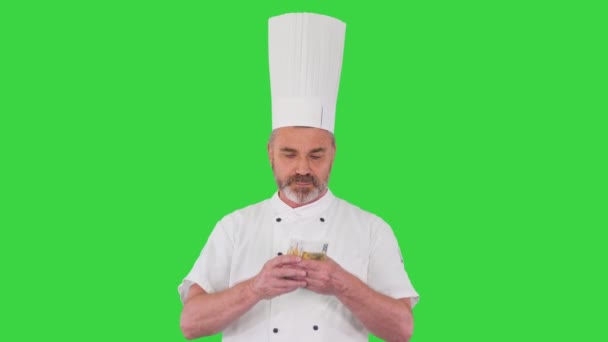 Restaurante negocio Chef excitado hombre sosteniendo el dinero en una pantalla verde, Clave de croma. — Vídeo de stock