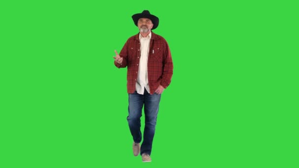 Ranch eigenaar in een cowboy hoed lopen en het vertellen van een verhaal op een groen scherm, Chroma Key. — Stockvideo