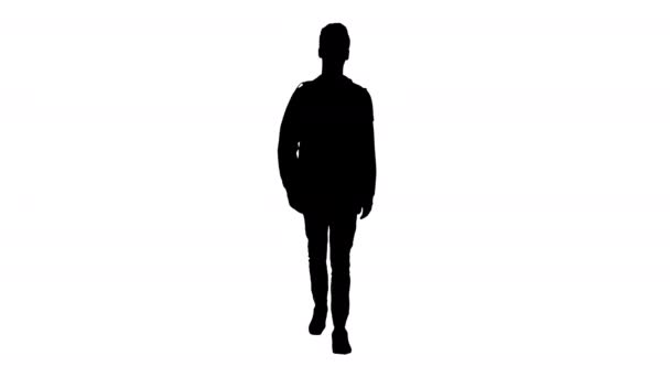 Silhouet Jonge aantrekkelijke student loopt naar voren. — Stockvideo