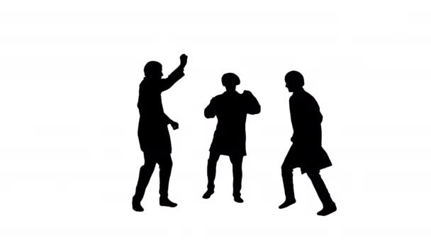 Σιλουέτα Τρεις άνδρες γιατροί σε λευκό ρόμπες και προστατευτικά καλύμματα κάνει αστείο χορό γιορτή. — Αρχείο Βίντεο
