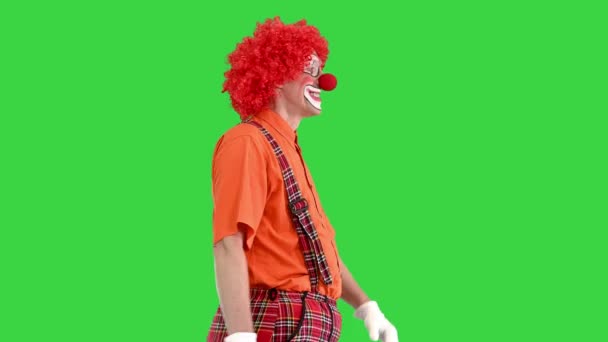 Vtipný klaun s rudými vlasy komicky kráčí na zelené obrazovce, Chroma Key. — Stock video