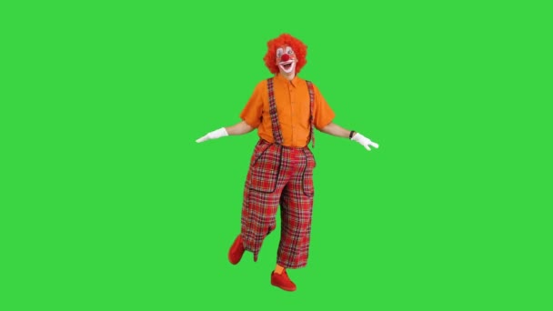 Mannelijke clown zwaait met zijn handen alsof hij vliegt op een groen scherm, Chroma Key. — Stockvideo