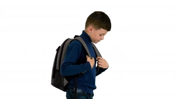 Niño alegre en cuello polo caminando con una mochila sobre fondo blanco. — Vídeo de stock