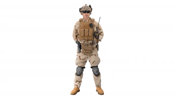 US Military Soldier in Uniform Reports on white background. — Stock Video