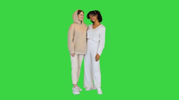İki çok kültürlü bayan arkadaş yeşil ekran, Chroma Key 'de kameraya poz veriyor ve sarılıyorlar.. — Stok video