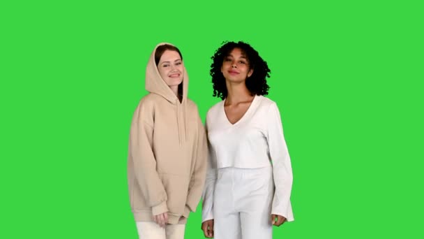 Two mixed race girls looking into the camera on a Green Screen, Chroma Key. — Stock Video