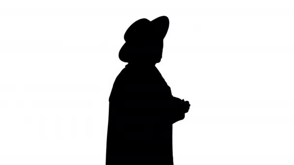 Африканська дівчина з Америки в пальто і чорний капелюх з сумочкою, Альфа Канал — стокове відео