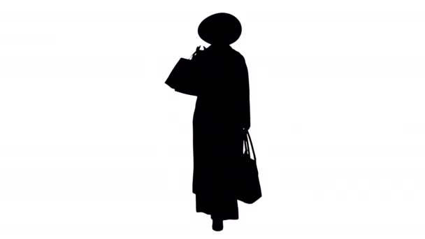 Красива африканська дівчина з Америки в пальто і чорний капелюх, прогулюючись з сумками для покупців, Альфа-канал — стокове відео
