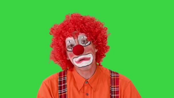 Clown with unhappy expression on his face walking in a funny way on a Green Screen, Chroma Key. — Stock Video