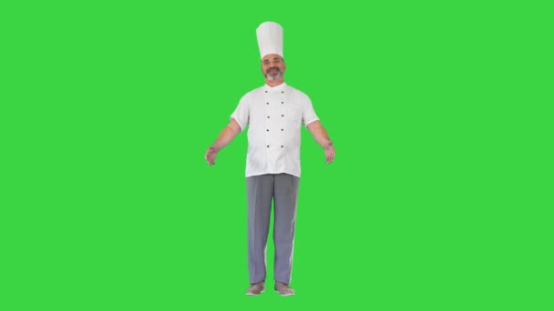 Επαγγελματίας σεφ άνθρωπος κάνει ευπρόσδεκτη χειρονομία στην κάμερα σε μια πράσινη οθόνη, Chroma κλειδί. — Αρχείο Βίντεο