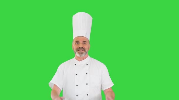 Kokken forklarer noe til kameraet mens han går på en grønn skjerm, Chroma Key. – stockvideo