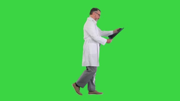 Az orvos sétál és nézi a tüdő röntgen egy zöld képernyőn, Chroma Key. — Stock videók