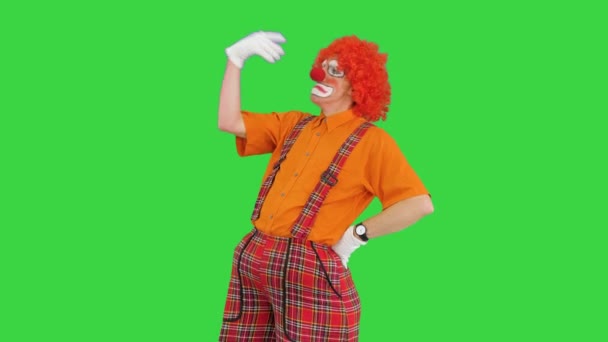 Rolig clown tar olika poser samtidigt tänka och gillar tänkare Rodin samt på en grön skärm, Chroma Key. — Stockvideo