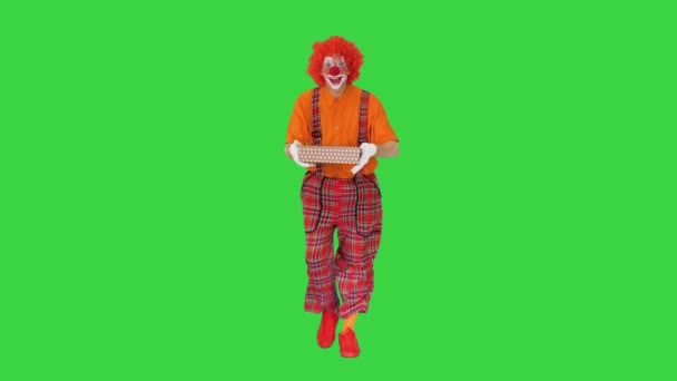 Male clown carrying a present on a Green Screen, Chroma Key. — Stock Video