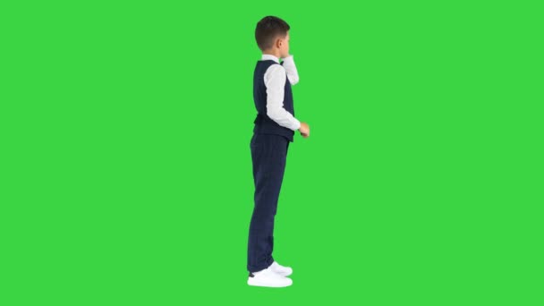 Шкільний хлопчик торкається віртуального екрану на зеленому екрані, Chroma Key. — стокове відео