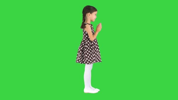 Kleines Mädchen im gepunkteten Kleid klatscht in die Hände auf einem Green Screen, Chroma Key. — Stockvideo