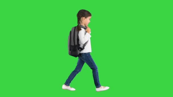 Gülümseyen küçük kız okula yeşil ekranda sırt çantasıyla yürüyor, Chroma Key. — Stok video