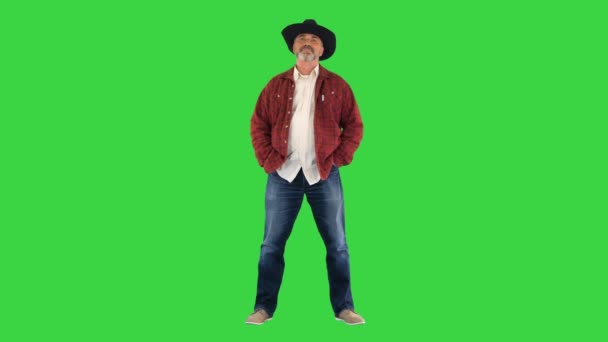 Idős kaukázusi férfi farmer agronómus cowboy kalapban mosolyog a kamera előtt egy zöld vásznon, Chroma Key. — Stock videók