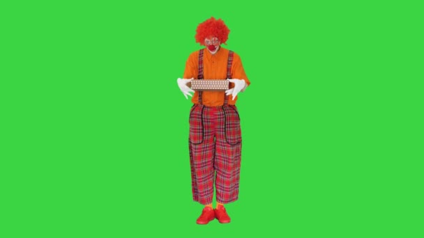 Happy clown met een doos met een geschenk op een groen scherm, Chroma Key. — Stockvideo