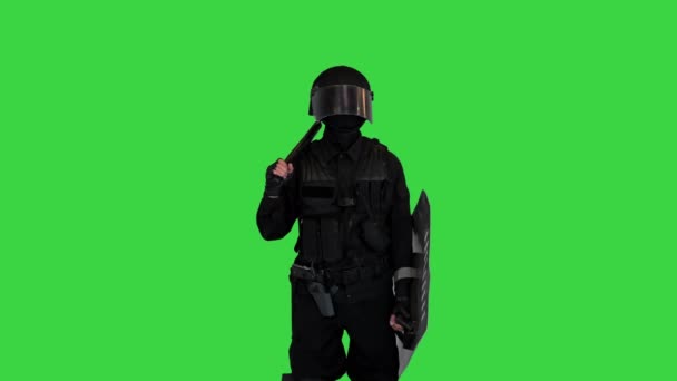 Policista nepokojů stojí a nic nedělá na zelené obrazovce, Chroma Key. — Stock video