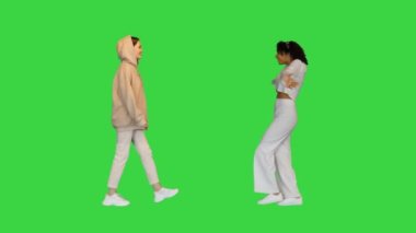 İki mutlu melez arkadaş birbirlerini yeşil ekranda selamlıyorlar, Chroma Key..
