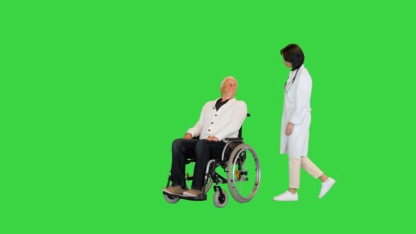 Infermiera che spinge un paziente su una sedia a rotelle su uno schermo verde, Chroma Key. — Video Stock