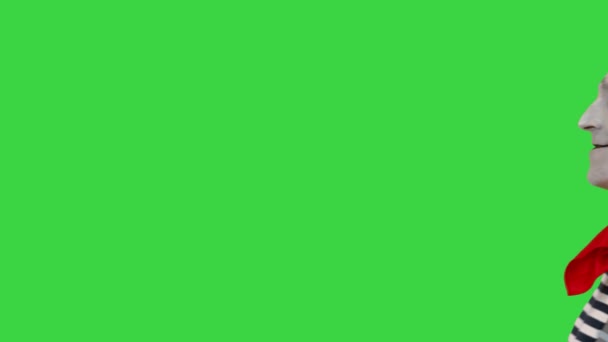 Pandomimci Yeşil Ekran 'da görünmez bir duvara doğru yürüyor, Chroma Key. — Stok video