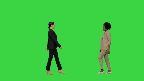 Две молодые девушки в деловой одежде встречаются и пожимают руки на Зеленом экране, Chroma Key. — стоковое видео