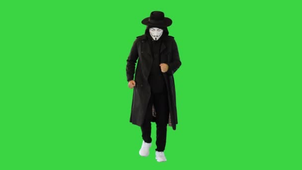 Masked Guy Fawkes Anonymous Running on a Green Screen, Chroma Key. — Stock Video