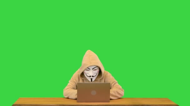 Anonymous kid in a Fawkes mask using laptop on a Green Screen, Chroma Key. — Stock Video