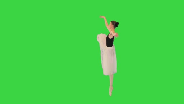 Jovem bailarina graciosa em sapatos pontiagudos e branco tutu romântico faz pas em uma tela verde, Chroma Key. — Vídeo de Stock